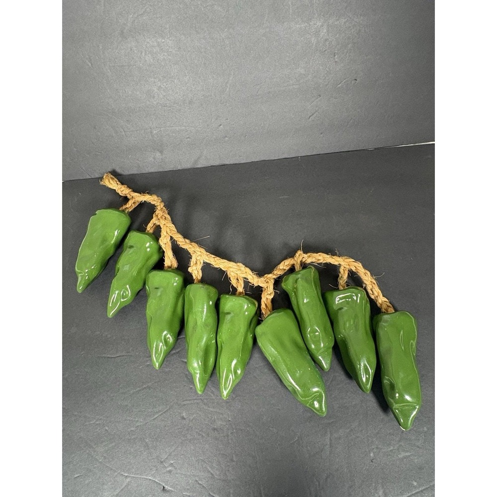 Vtg Ceramic Hanging Green Chilli Pepper Kitchen Wall Decor Southwestern 22" Rope